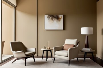 Fototapeta premium Elegant Contemporary Lounge with Minimalist Mid-Century Armchair Against Sandy Taupe Wall