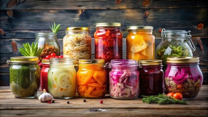 Colorful assortment of fermented foods in glass jars on rustic table, fermented foods, probiotics