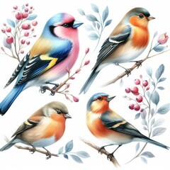 Fototapeta premium watercolor painting of 4 birds colour illustration white background