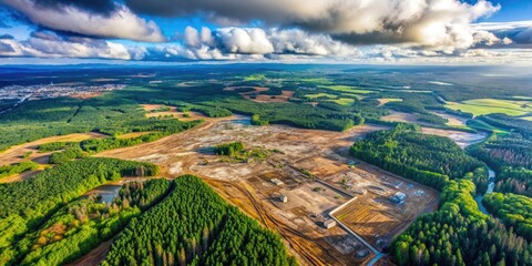 Aerial view of human impact on the environment in the United States, showcasing deforestation, pollution