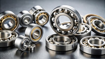 Obraz premium Close-up of various bearings isolated on a gray background, bearings, mechanical, industrial, parts, metallic, steel