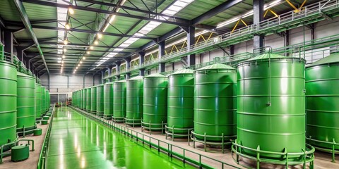 Large industrial building with rows of green tanks, industrial, factory, storage, containers, tanks, industrial site