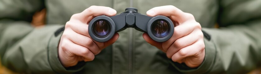 Fototapeta premium A person holding binoculars, showcasing clarity of vision and exploration in nature.