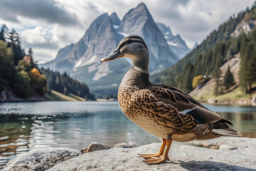 Fototapeta premium Duck Standing on a Rock by a Mountain Lake