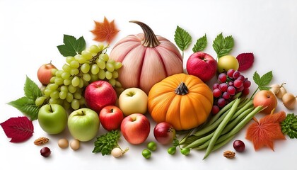 Autumn Seasonal Vegan Produce Arrangement - composition of seasonal fruits and vegetables, such as pumpkins, apples, grapes, green beans, and radishes. Graphic art illustration isolated