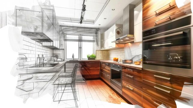 Contemporary kitchen interior blending modern furniture with artistic sketch elements. Stylish design combines real photo and hand-drawn details.

