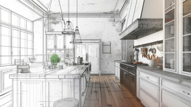 Contemporary kitchen interior blending modern furniture with artistic sketch elements. Stylish design combines real photo and hand-drawn details.

