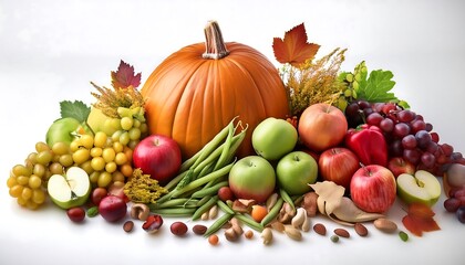 Autumn Seasonal Vegan Produce Arrangement - composition of seasonal fruits and vegetables, such as pumpkins, apples, grapes, green beans, and radishes. Graphic art illustration. Ai Generated