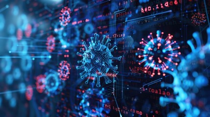 Digital scene depicting system hacking with a blue background filled with code. Includes an info message and a virus warning, illustrating cyber security and cybercrime themes.

