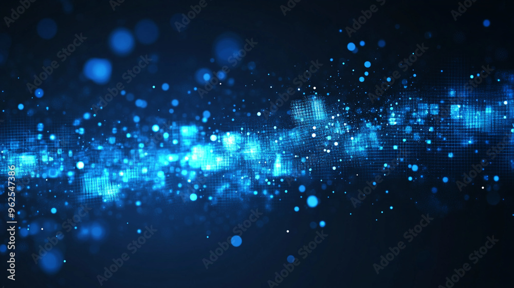 Poster bright blue particles create a dynamic abstract pattern in a dark environment during nighttime