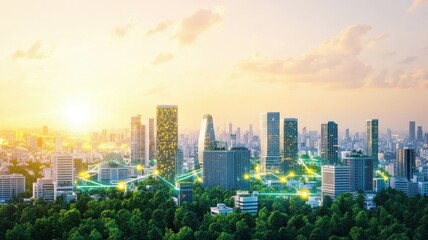 Fototapeta premium A stunning city skyline at sunset, with green spaces and modern buildings illuminated by warm sunlight.