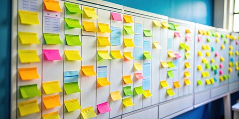 Closeup of a software Kanban scrum agile board with paper task, representing agile software development methodologies , Software