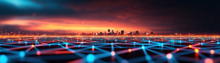 A stunning cityscape at dusk, featuring a vibrant network of blue and orange lights, symbolizing connectivity and modern technology.