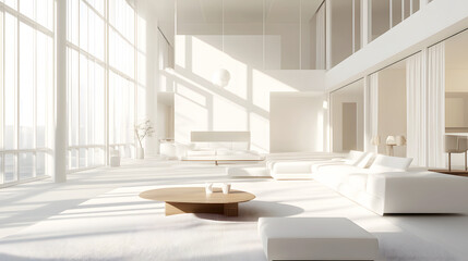 3D-rendered white living room with contemporary furniture and large, open spaces giving a sense of airiness and calm