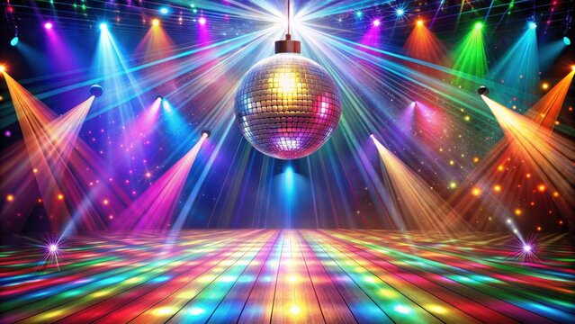 Colorful dance hall with a shimmering disco ball and beams of light, disco ball, colorful, dance, hall, lights, party, vibrant