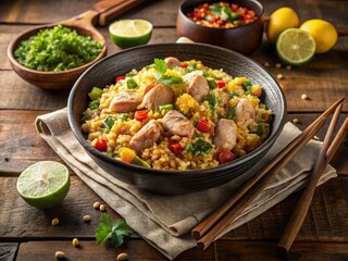 A vibrant bowl of flavorful rice dish topped with chicken and fresh vegetables, perfect for a healthy meal.