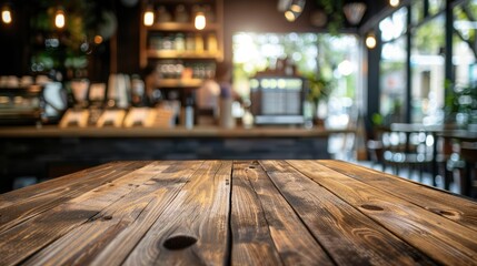 Blurred wooden table and coffee shop background with product display.