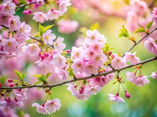 A vibrant branch of pink cherry blossoms in full bloom, surrounded by soft greenery, capturing the essence of springtime beauty.