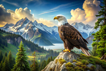 Bald Eagle Perched on a Rocky Outcrop with Snowy Mountain Range in the Background