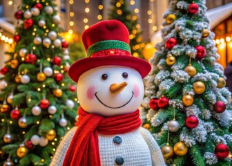 Cheerful snowman adorned with a red hat and scarf, surrounded by festive Christmas trees and twinkling lights.