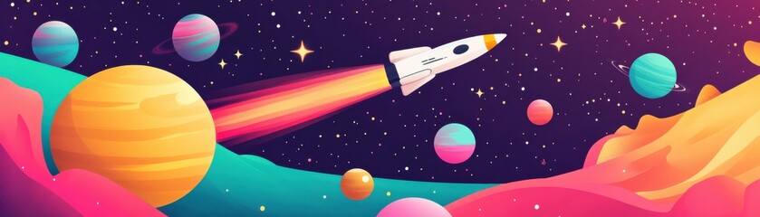 Naklejka premium A vibrant space scene featuring a rocket soaring through colorful planets and swirling cosmic clouds, showcasing the beauty of the universe.