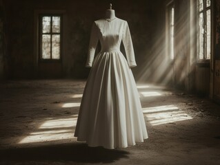 Naklejka premium A vintage white dress on a mannequin in an abandoned room, illuminated by soft sunlight streaming through dusty windows.