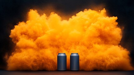 Dramatic orange smoke clouds surround two blue cans, creating a striking visual effects scene perfect for creative projects.