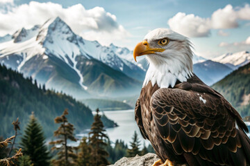 Fototapeta premium Bald Eagle Perched on a Rock with Mountain View