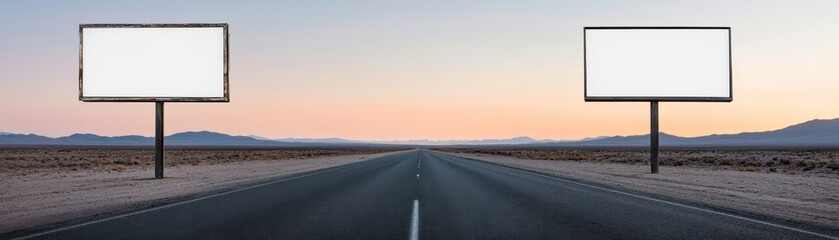 Naklejka premium An empty road flanked by two blank billboards, set against a serene landscape during sunset, inviting creativity and advertising potential.