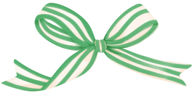 Coquette Green Stripe line Ribbon Bow  Watercolor Vintage Christmas Bow Painting in Retro Style