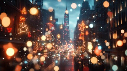 Fototapeta premium Festive City Street with Christmas Lights and Snow