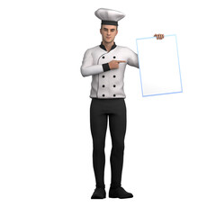 Male Chef Professional Character. A male chef stands holding an empty board in one hand while pointing to the board. 3D Illustration