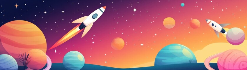 Colorful illustration of rockets soaring through a vibrant cosmic scene filled with planets and stars, inspiring dreams of space travel.