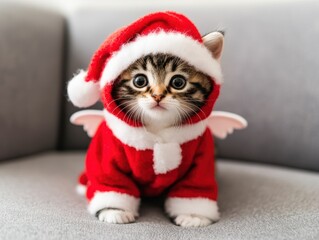 Cute kitten in a festive Santa outfit with angel wings, perfect for holiday celebrations and pet-themed decorations.