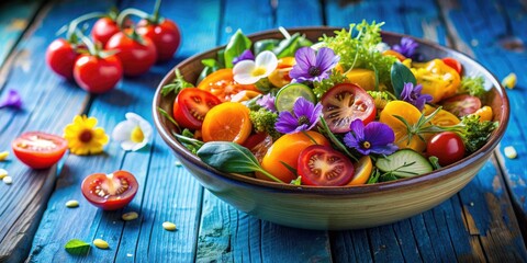 Vibrant garden salad with colorful tomatoes, cucumber, and edible flowers in rustic blue bowl , salad, garden