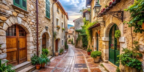 Fototapeta premium Narrow cobblestone street lined with ancient buildings in Eze village, French Riviera, Eze, village, French Riviera, old