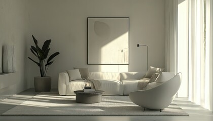 Fototapeta premium Minimalist Living Room with White Sofa, Armchair, and Abstract Art