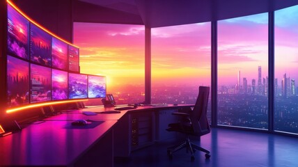 Fototapeta premium Modern office with multiple screens overlooking a vibrant sunset skyline, creating a high-tech and inspiring work environment.