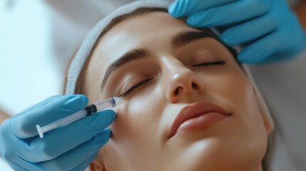 Naklejka premium A woman is getting a facial treatment with a syringe