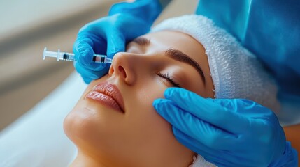 Naklejka premium A woman is getting a facial treatment with a syringe