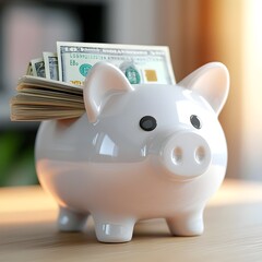 Ceramic Piggy Bank Holding Stack of Dollar Bills for Financial Security