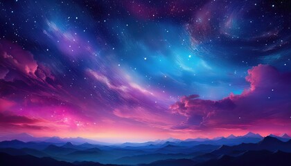Naklejka premium A breathtaking landscape featuring a colorful night sky filled with stars and vibrant clouds over misty mountains.