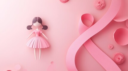 Pink Paper Doll with Ribbon and Flowers on a Pink Background