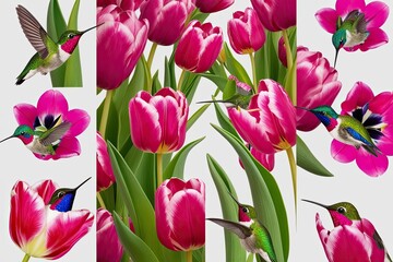 Obraz premium Playful Tulips and Fuchsia Hummingbirds Collage - A Vibrant Floral Design