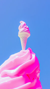 3D miniature photography of dessert ice cream cone fronzen yogurt with vibrant colors happy bright fashion pink blue background creative dairy food poster