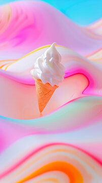 3D miniature photography of dessert ice cream cone fronzen yogurt with vibrant colors and wavy rainbow park lands happy bright fashion pink background creative dairy food poster