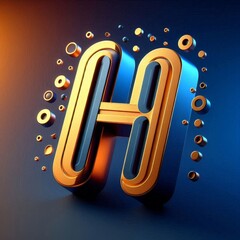 A 3D golden letter H with a black outline against a gradient blue background with floating gold and black circles.