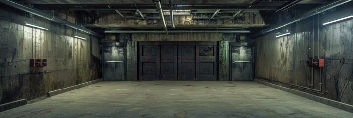 Interior of a nuclear fallout shelter featuring robust metal doors located several levels below ground in a vast parking area
