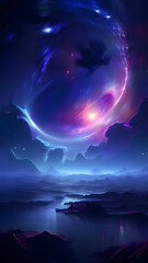 A mesmerizing view of a galaxy with swirling stars, planets, and nebulas in deep blues, purples, and blacks.