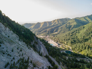 View of the Medeo dam in summer, a popular recreation area for city residents and tourists not far from Almaty.